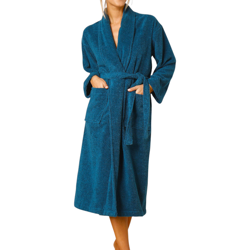 Peignoir de bain bouclette col châle 100% coton - Bleu Nuit