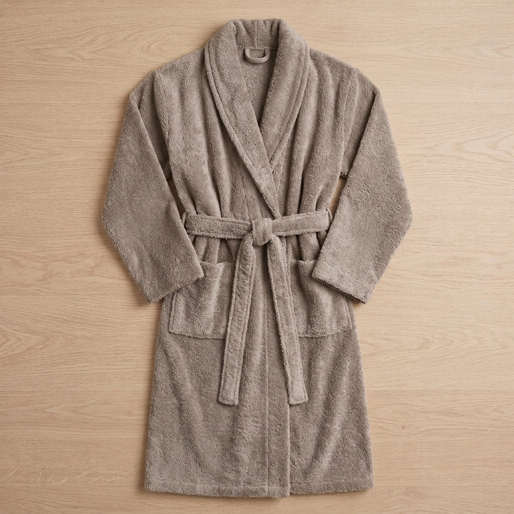 Peignoir de bain bouclette col châle 100% Coton Taupe - 500gsm